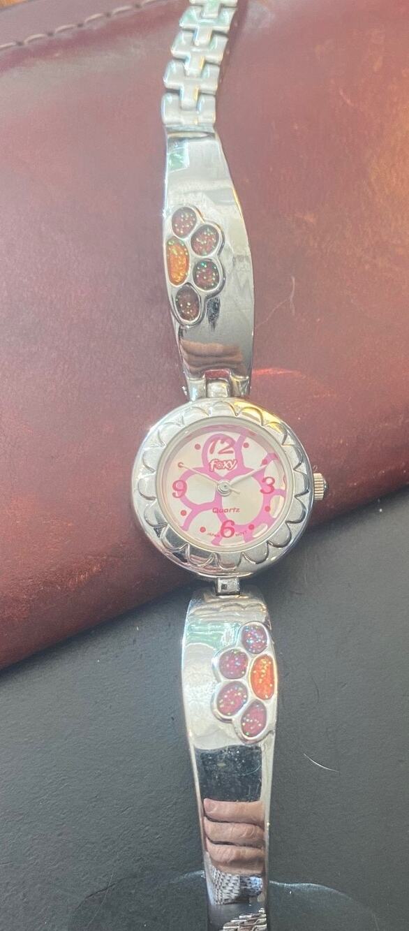 Women's silver Tone 22mm Foxy Watch, Purple and Pink Flower Pattern Face/Band
